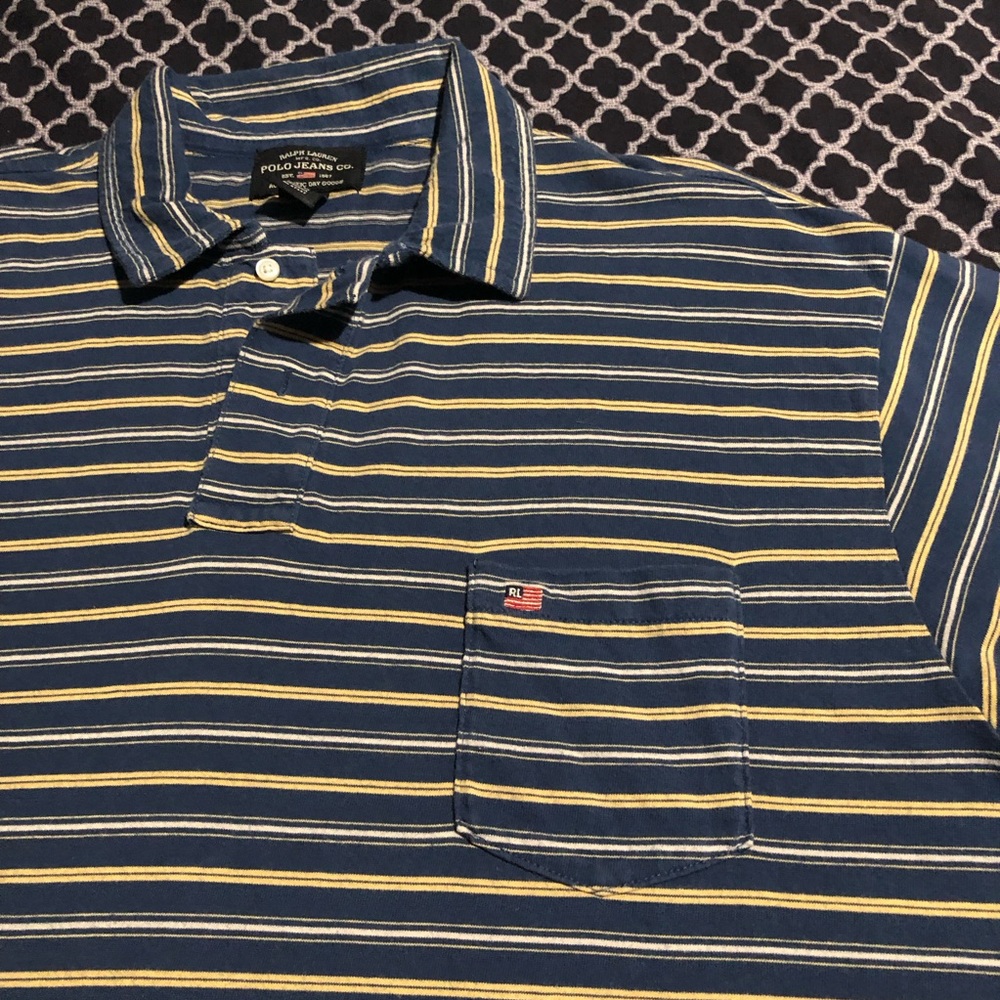 VTG Polo Jeans Co Ralph Lauren Shirt Sz XL Yellow Blue Pocket Striped Preppy
